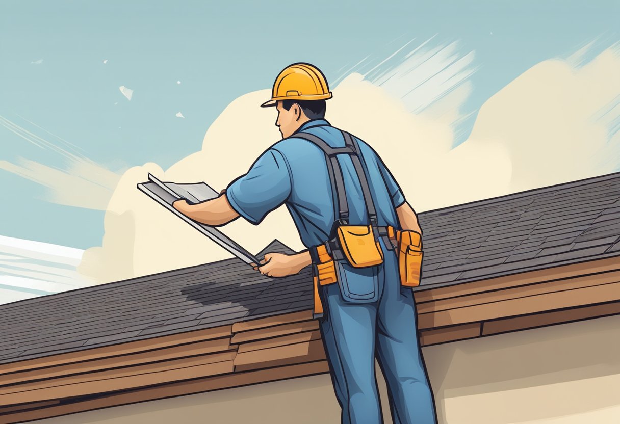 A roofer inspecting a roof in Sugar Land, TX with a checklist and tools in hand. The roof is sturdy and well-maintained