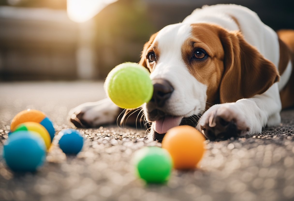 A variety of dog toys scattered on the floor, including chew toys, squeaky toys, and balls, with a happy dog playing with one of them