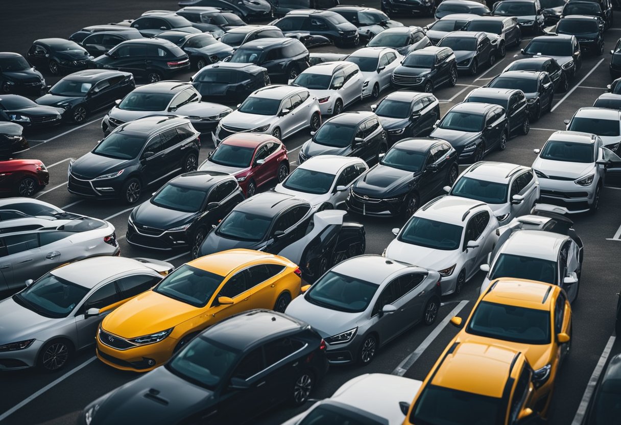 A bustling used car dealership with various popular brands on display, attracting customers with recommended used cars