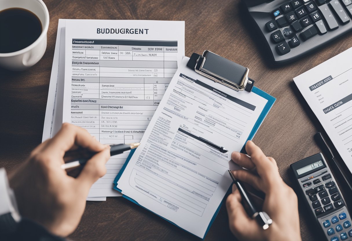 A person budgeting for a used car purchase, surrounded by financial documents and a list of recommended used cars