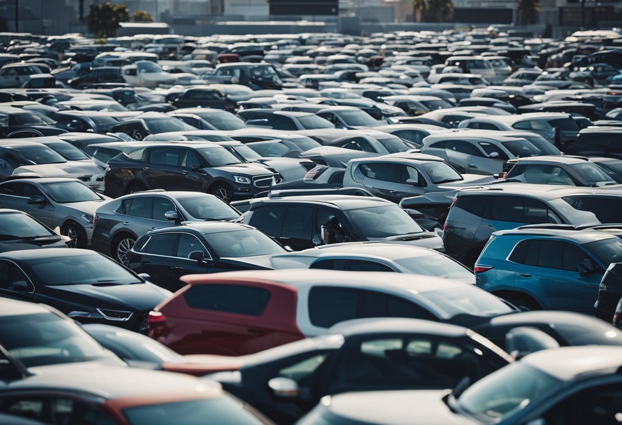 A bustling used car market with diverse vehicles and eager buyers, showcasing the trends and future of the industry