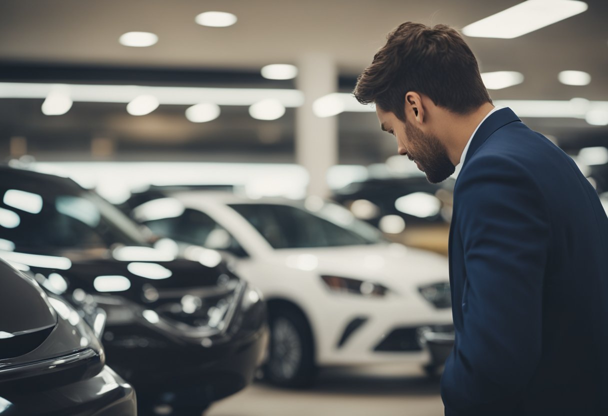 A person searching for a used car, looking at different options and comparing prices at various dealerships