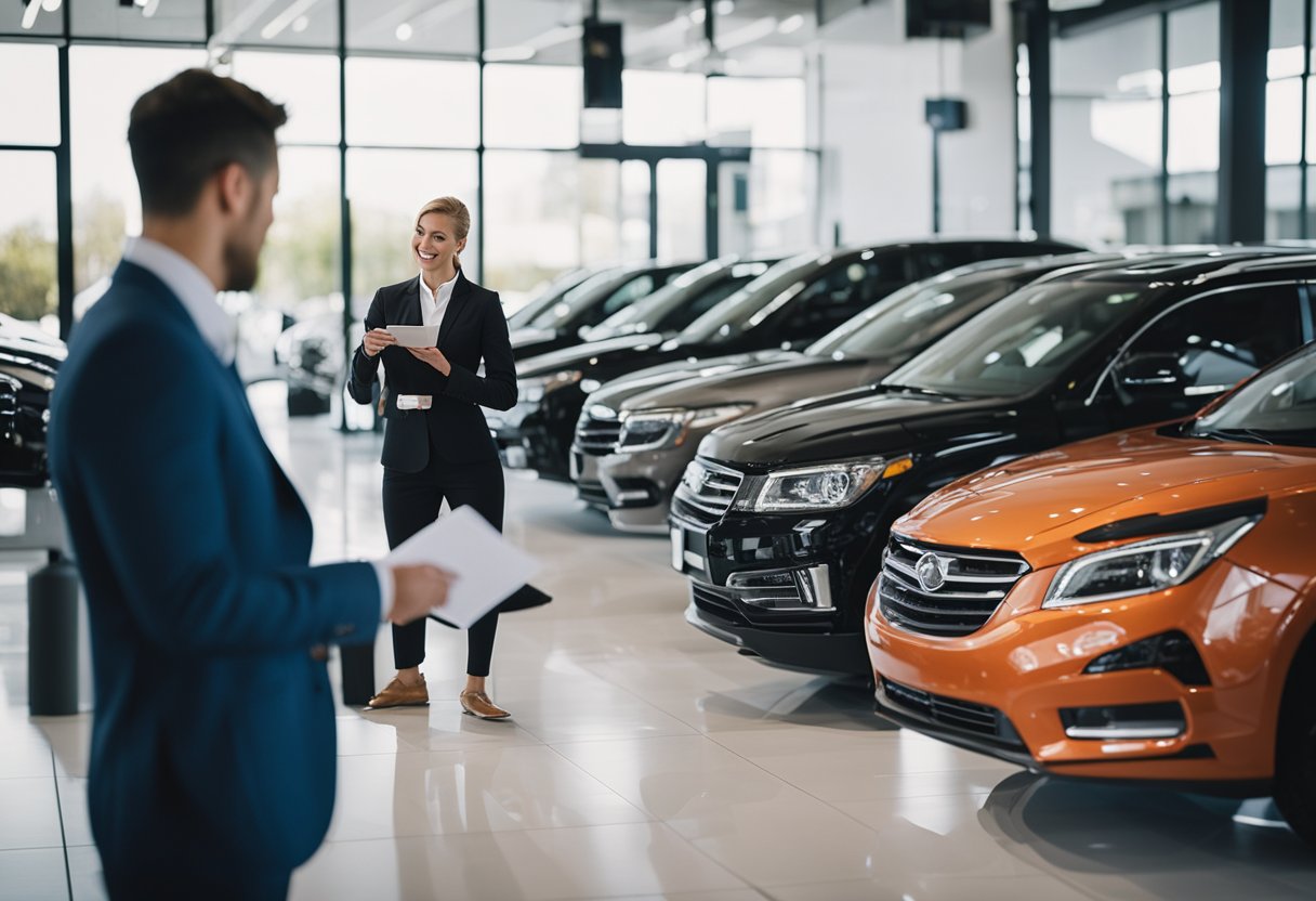 A customer browsing through a selection of used cars at a dealership, talking to a salesperson, and completing paperwork for the purchase