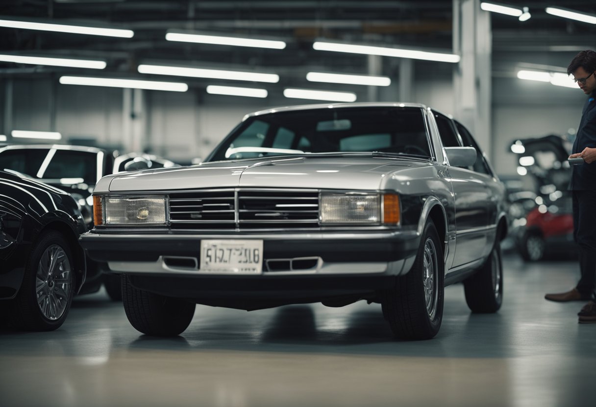 A person inspecting a used car for potential issues after purchase. Checking engine, tires, and interior for any signs of wear or damage