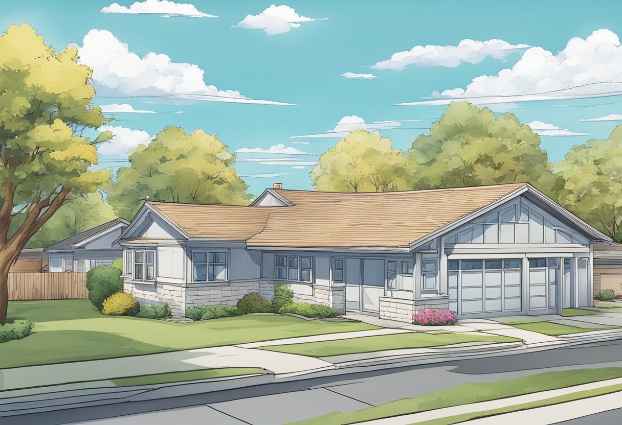 A roof with vents in a suburban neighborhood. Clear skies and a gentle breeze. Surrounding trees and houses visible in the background