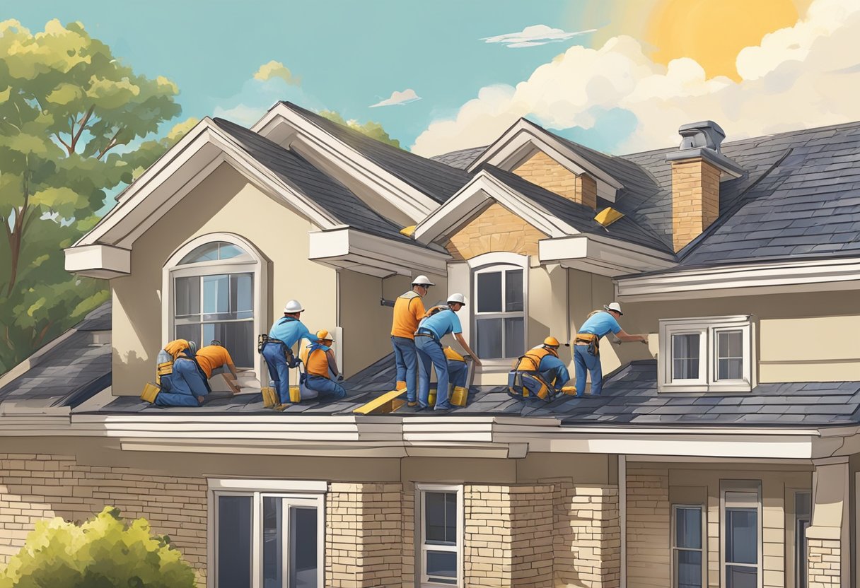 A team of professionals install roof vents on a suburban home in Sugar Land, Texas. The sun shines down on the workers as they secure the vents in place