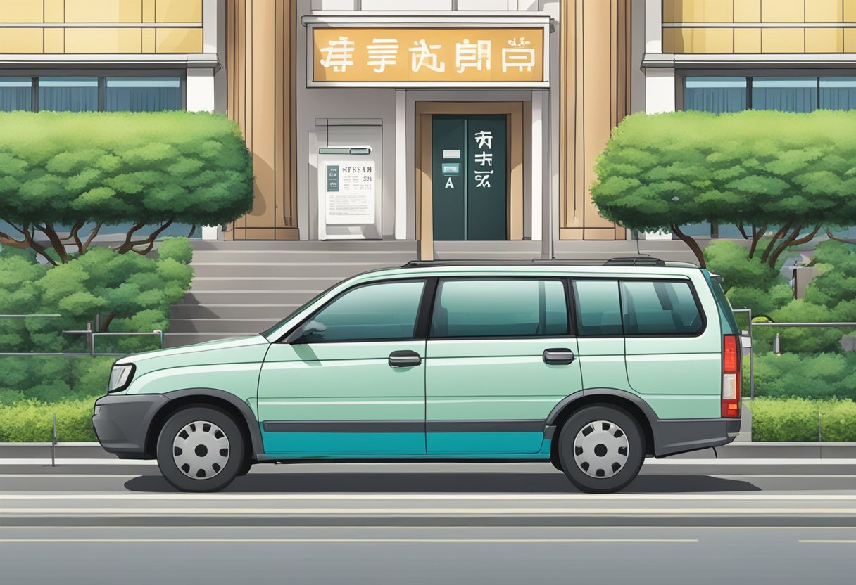 A car parked in front of a government office, with a sign displaying "Low Vehicle Tax" in Japanese