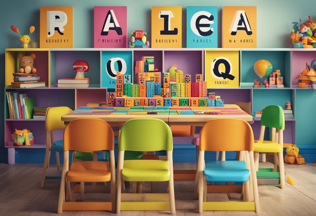 A colorful children's table surrounded by small chairs, with a stack of books and toys on top. Brightly colored posters with "Frequently Asked Questions" written in playful fonts adorn the walls