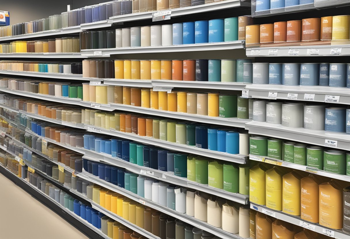 A variety of roof coatings are displayed in a Sugar Land, TX store. Labels and samples show different types and colors available for coating and sealing