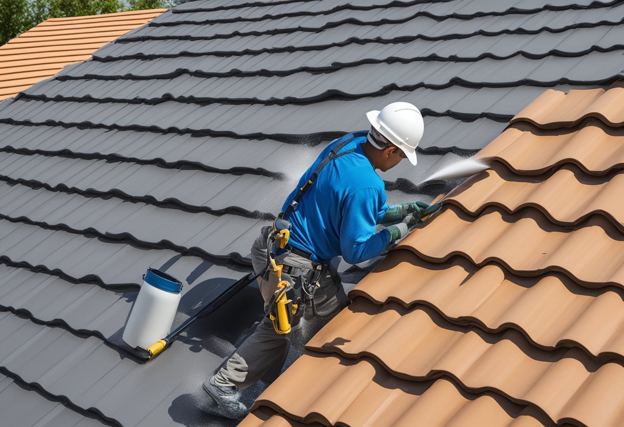 A professional applies roof coating and sealing in Sugar Land, TX, ensuring a protective and long-lasting barrier against weather and wear