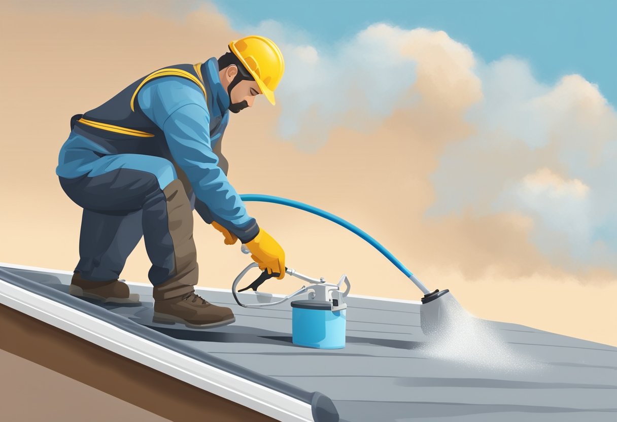 A worker applies roof coating and sealant to a clean and dry surface, using a roller or sprayer. The area is well-ventilated and free of debris