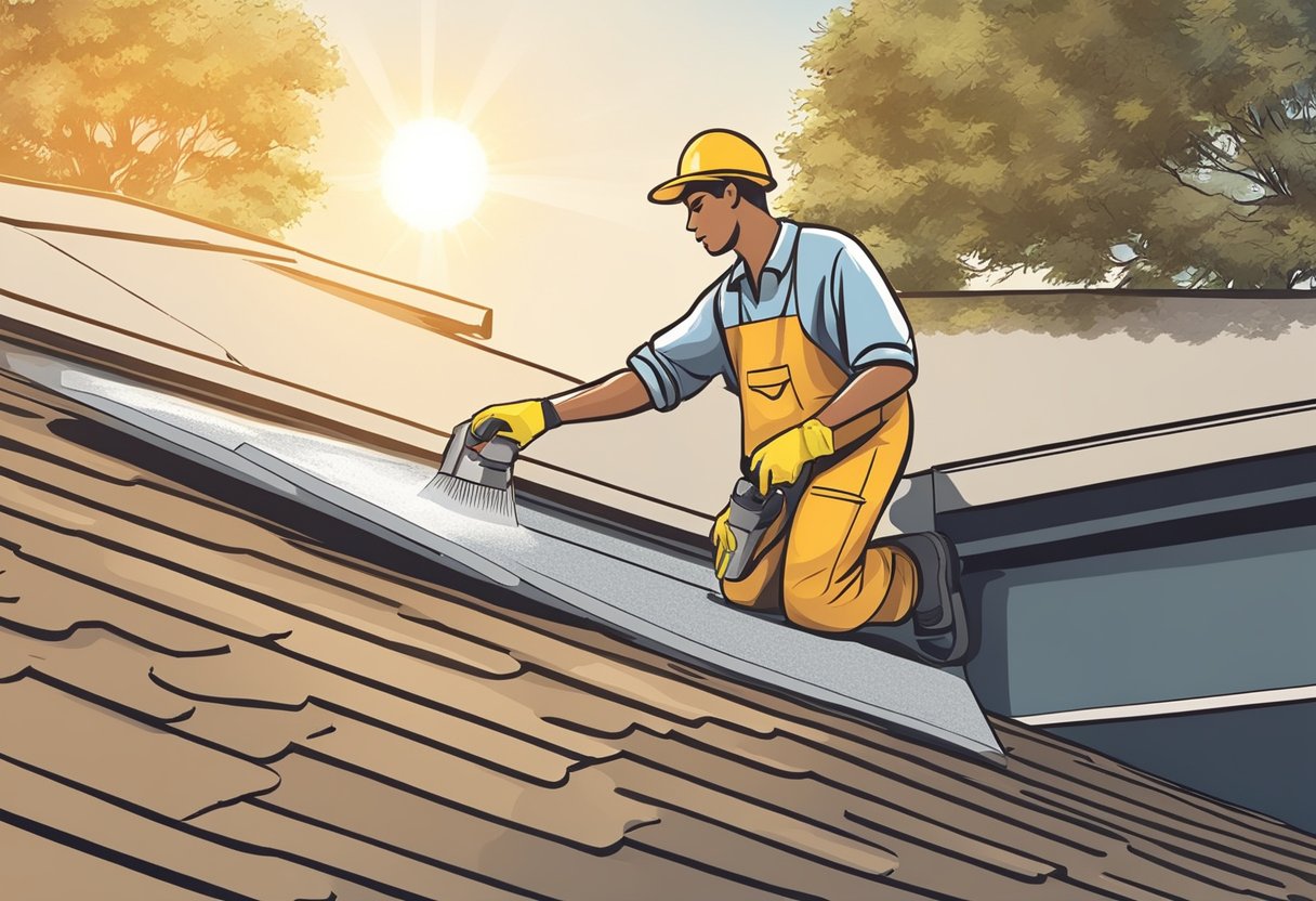 A worker applies sealant and coating to a flat roof in Sugar Land, TX. The bright sun shines down as the worker carefully spreads the protective layer