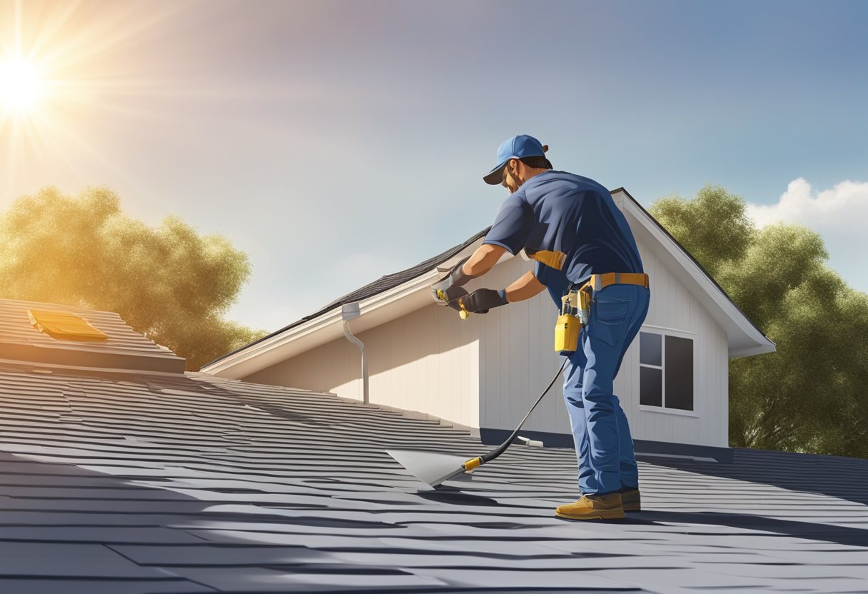 A roofer applies a protective coating to a flat, sealed roof in Sugar Land, TX. The sun shines down as they carefully cover every inch of the surface