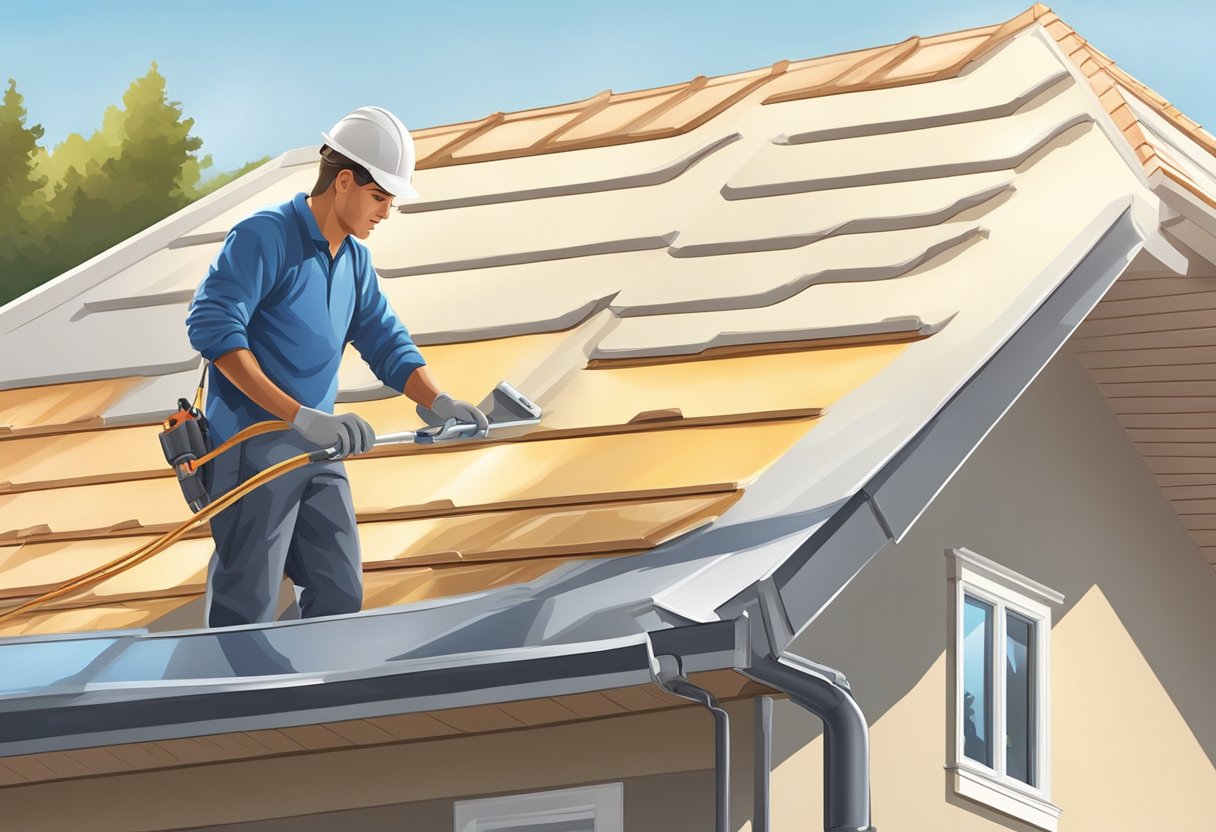 A roofer applies a thick, even coat of sealant onto a flat, clean surface. The sun shines down on the newly coated roof, highlighting its glossy finish