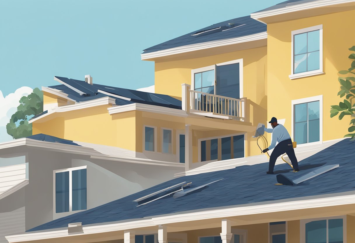 A sunny day in Sugar Land, TX. A roofer applies a protective coating to a residential roof, sealing it against the elements