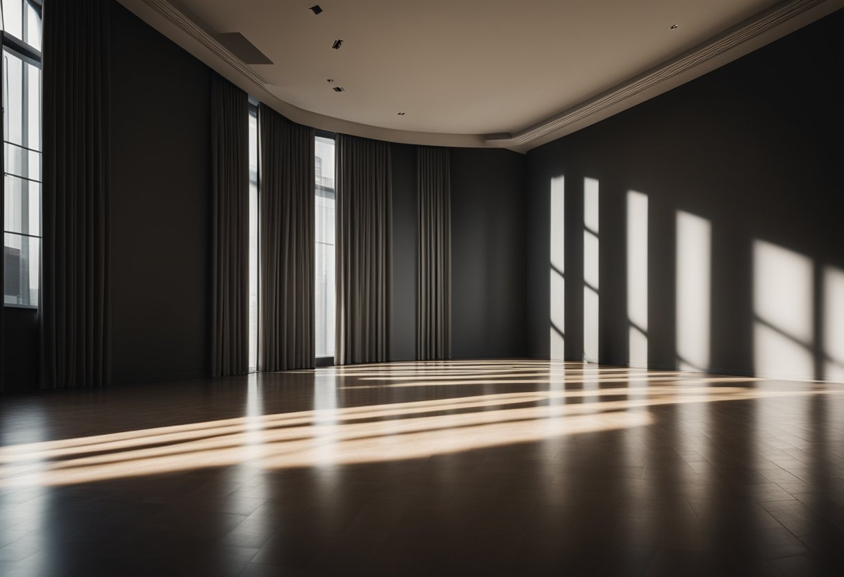 A pulsating light illuminates a dark, empty room, casting rhythmic shadows on the walls and floor