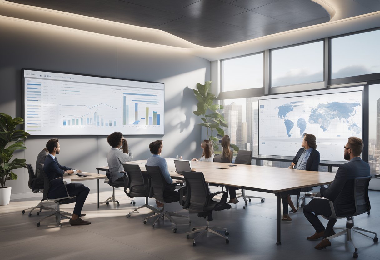 A conference room with a large whiteboard filled with financial charts and strategic plans. A group of professionals engaged in discussion, pointing to different sections of the board