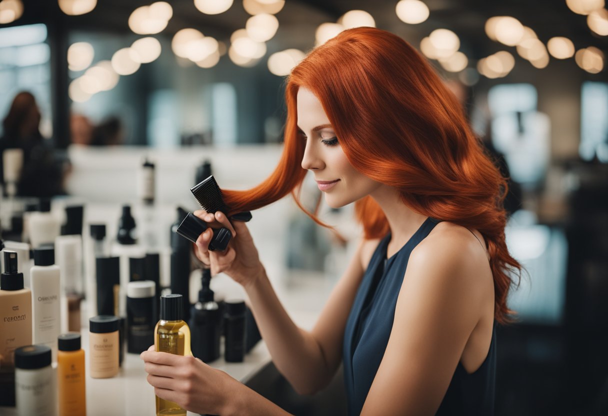 A red-haired person carefully tending to their vibrant locks with specialized hair care products