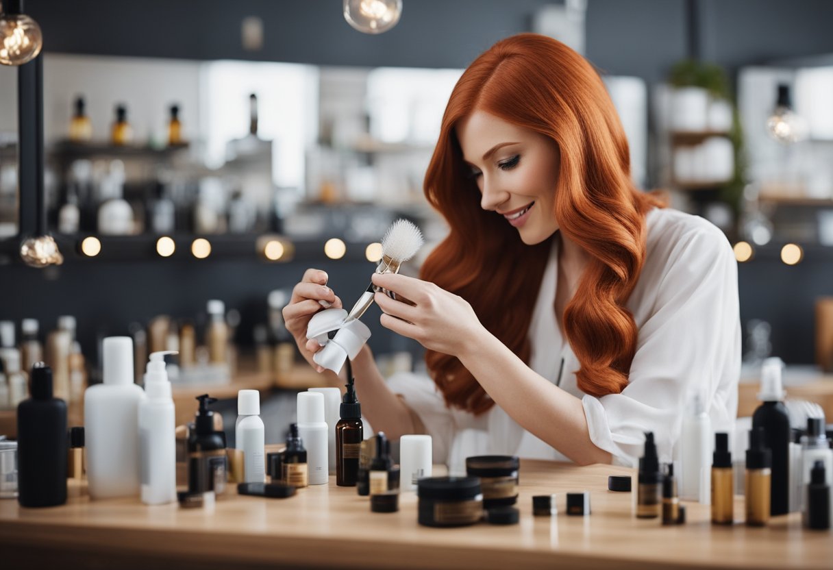 A redhead woman carefully applies nourishing hair products, surrounded by bottles and hair care tools