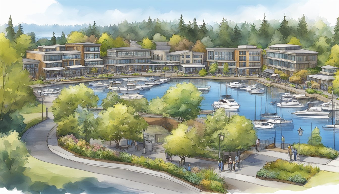 Downtown Kirkland's Marina Park features a serene 3.6-acre waterfront with lush greenery and a picturesque marina