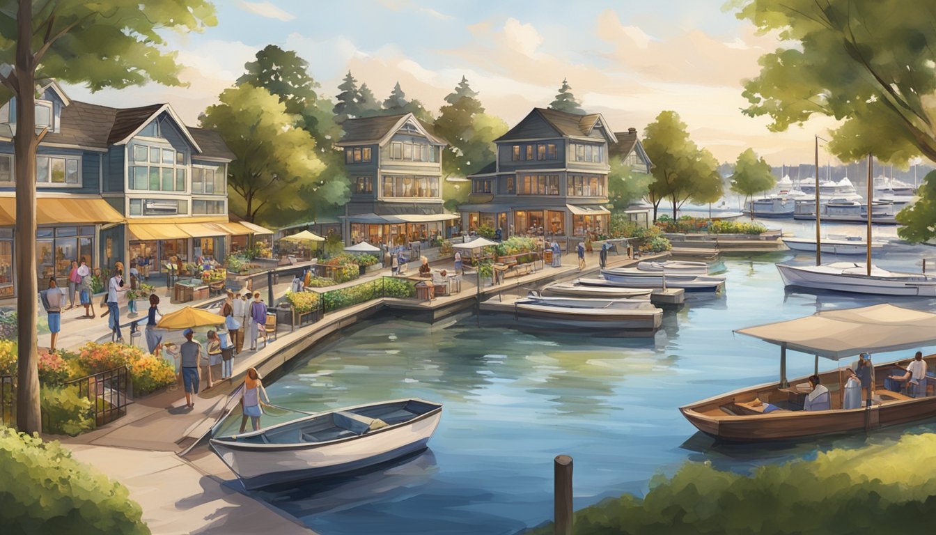 A bustling waterfront park with lush greenery, a sandy beach, and a picturesque marina filled with boats. The park is surrounded by downtown Kirkland's charming shops and restaurants