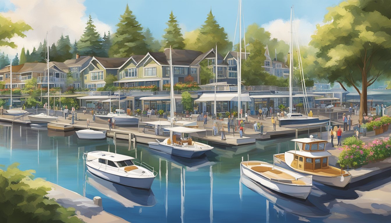 A bustling marina with boats docked, surrounded by lush greenery and a serene waterfront, capturing the cultural significance of Downtown Kirkland's Marina Park