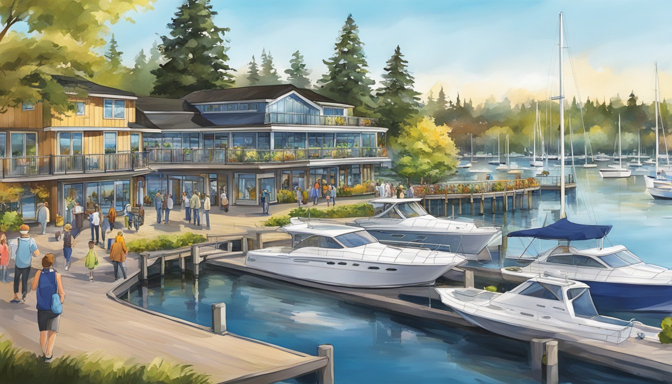 The bustling Kirkland Marina Park exudes a vibrant energy, with its 3.6-acre waterfront setting and charming atmosphere