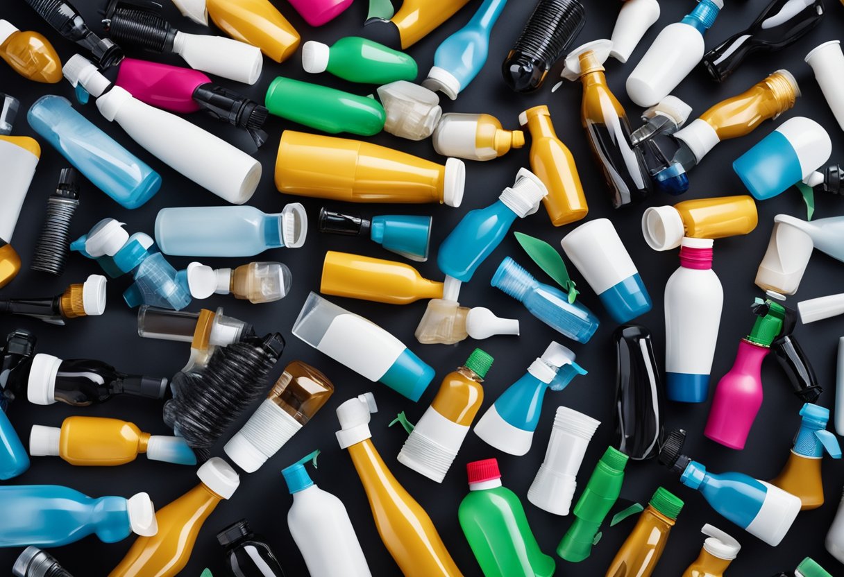 Empty hair product bottles being collected and sorted for recycling, with arrows pointing to various ways they can be reused