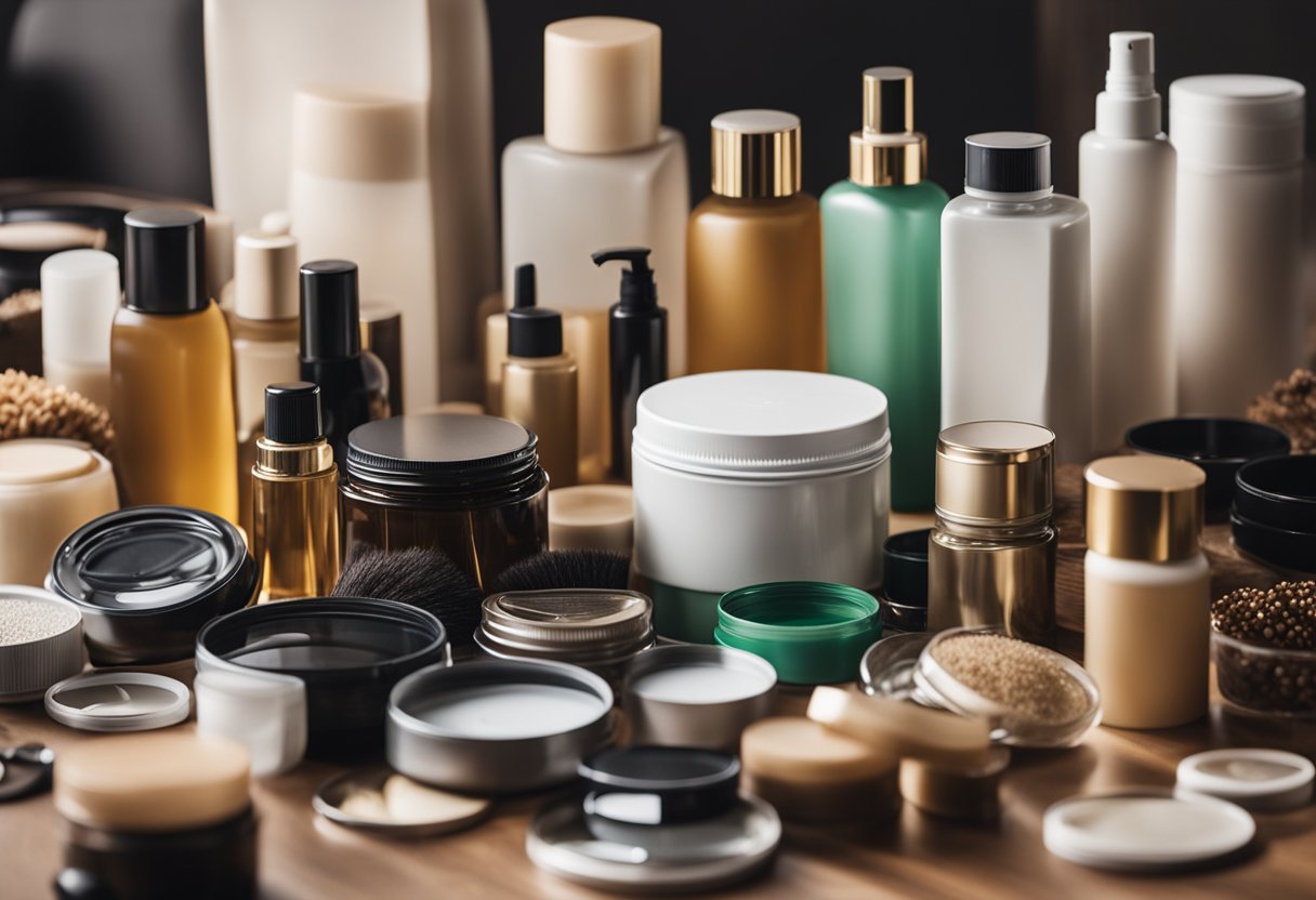 An array of empty hair product containers arranged on a table, with various craft supplies scattered around for repurposing and recycling