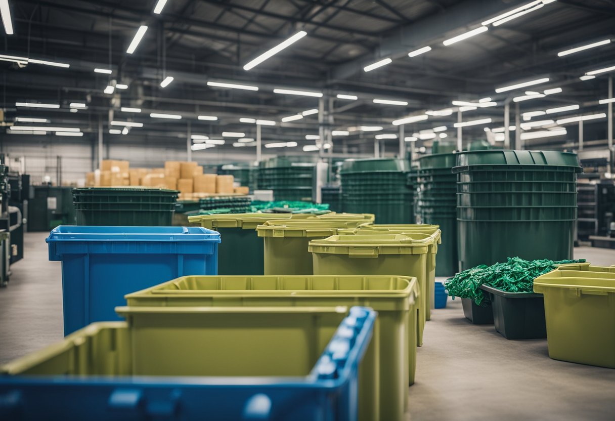 A recycling facility with bins for packaging waste and a hair care product company showcasing reusable and recyclable packaging options