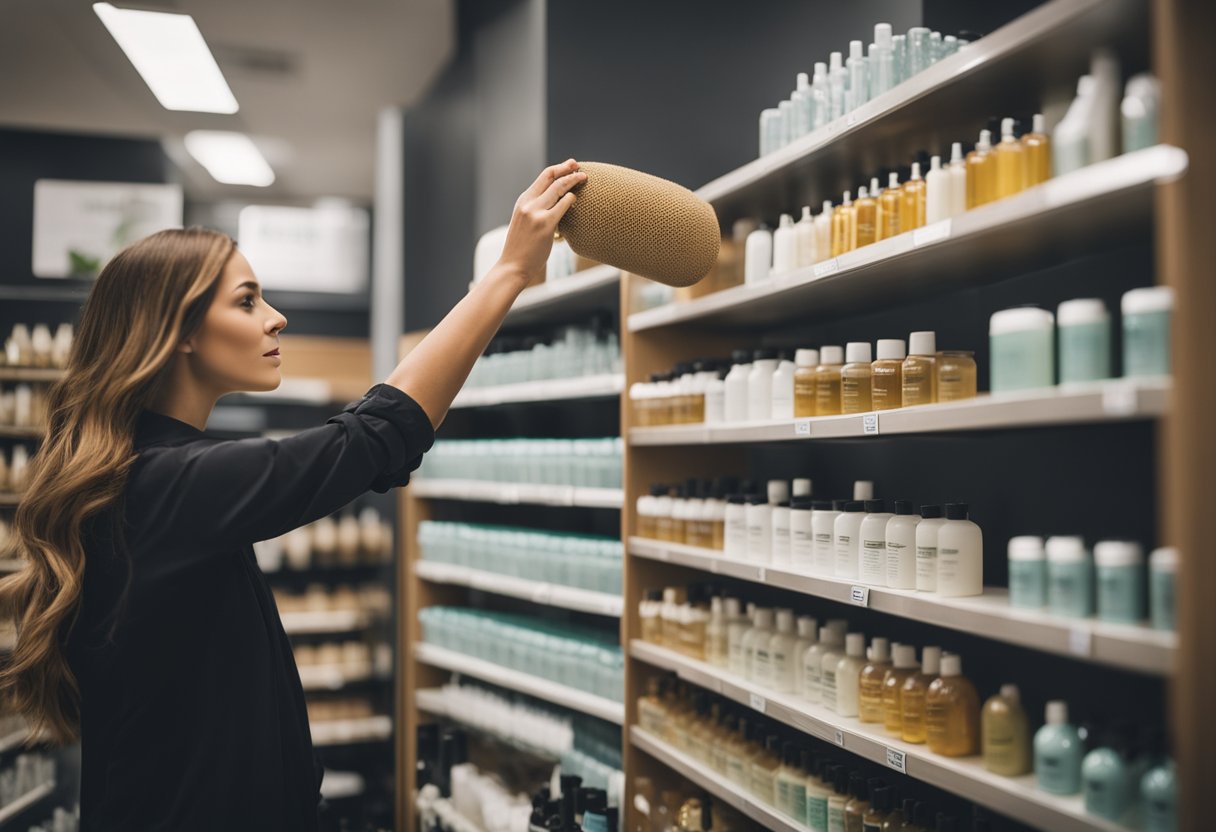 A person carefully selecting eco-friendly hair care products from a shelf