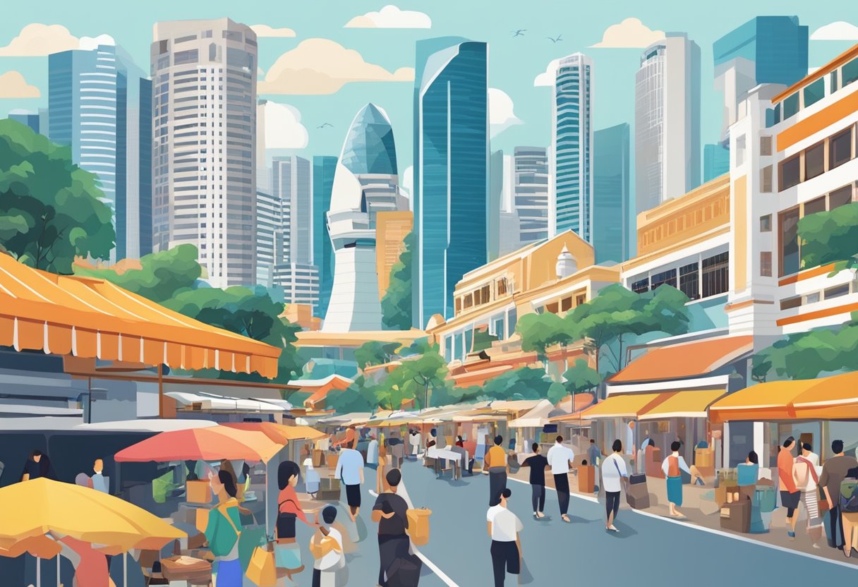 A bustling cityscape with iconic Singapore landmarks, vibrant street markets, and bustling waterfront activity
