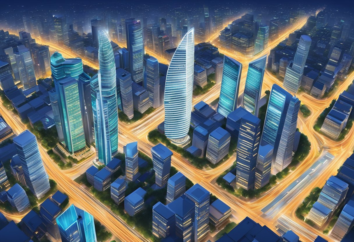 A bustling cityscape with modern skyscrapers, bustling streets, and vibrant city lights, showcasing the dynamic energy and urban landscape of Singapore