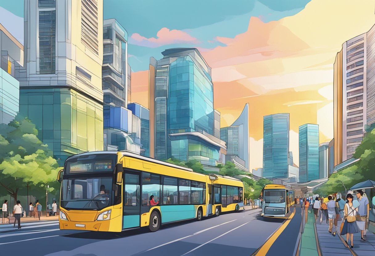A bustling street in Singapore with modern architecture and vibrant colors, showcasing the unique style and quality of the city's urban landscape