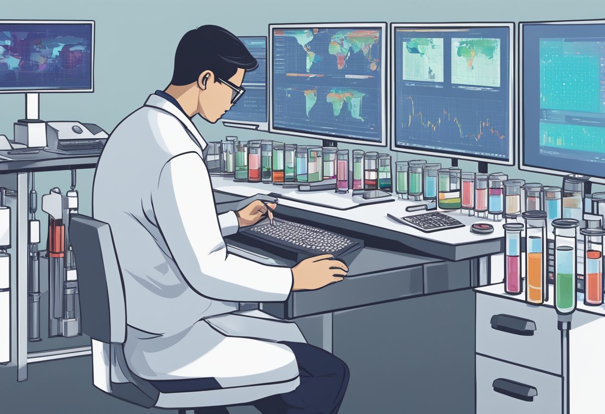 A lab technician in Singapore analyzes blood samples, surrounded by test tubes, equipment, and computer screens displaying results