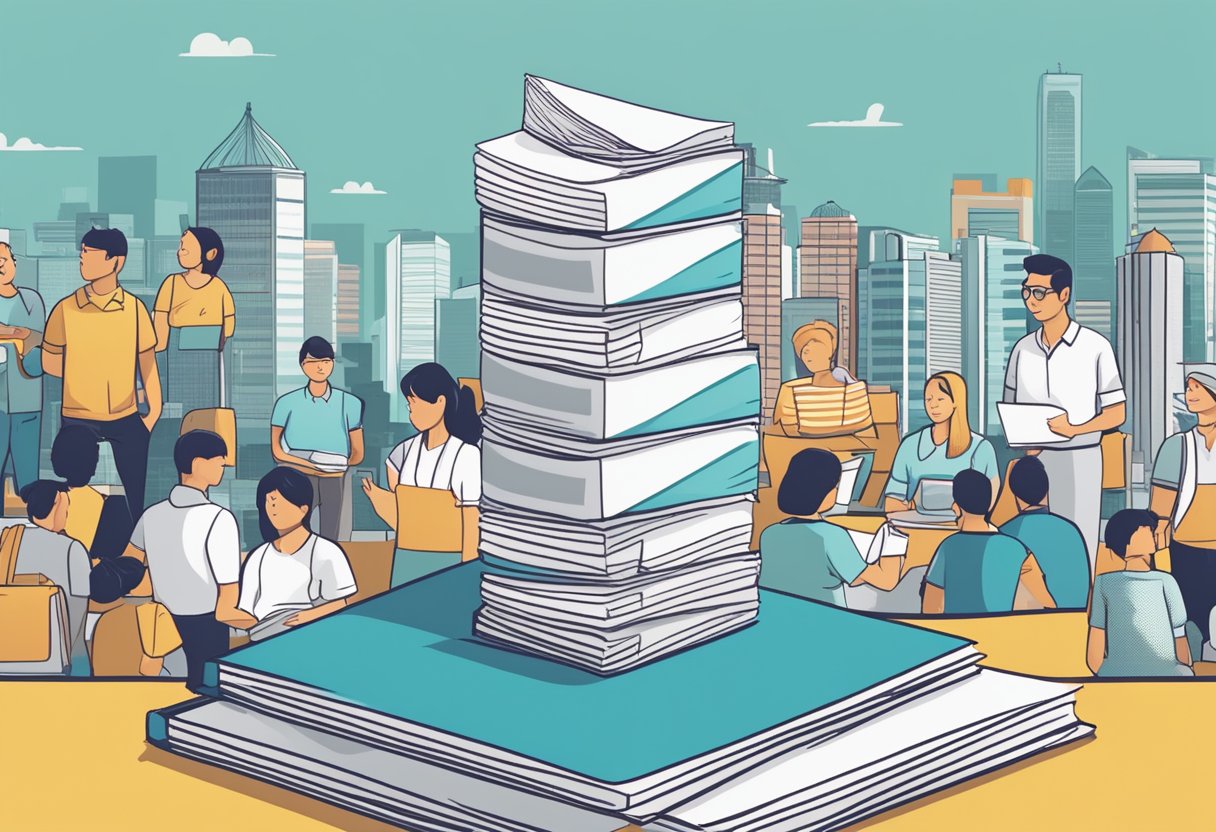 A stack of FAQ brochures with "Bega Singapore" prominently displayed, surrounded by curious onlookers