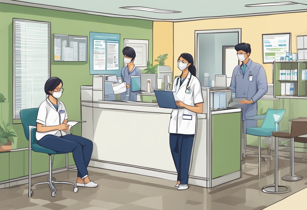 A busy medical clinic with a sign "Frequently Asked Questions blood test singapore". Patients waiting, receptionist at desk