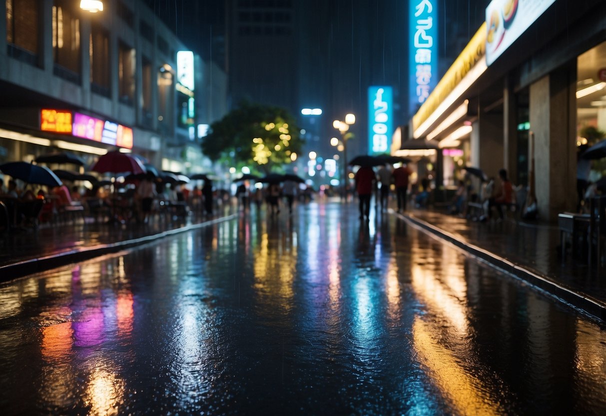 Rain pours over a bustling Singapore street, reflecting neon lights and creating a shimmering, watery sheen on the pavement