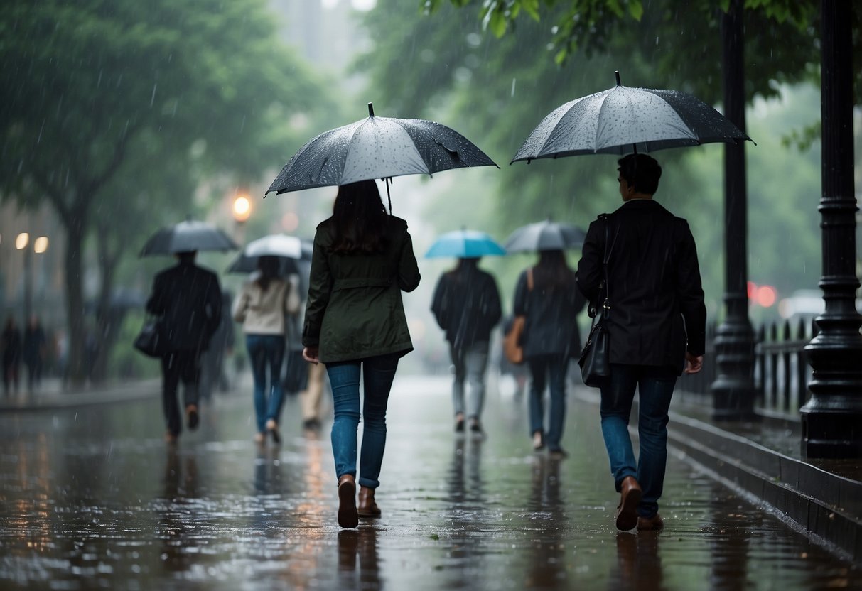 People walking with umbrellas in the rain, lush greenery, puddles, and raindrops on leaves