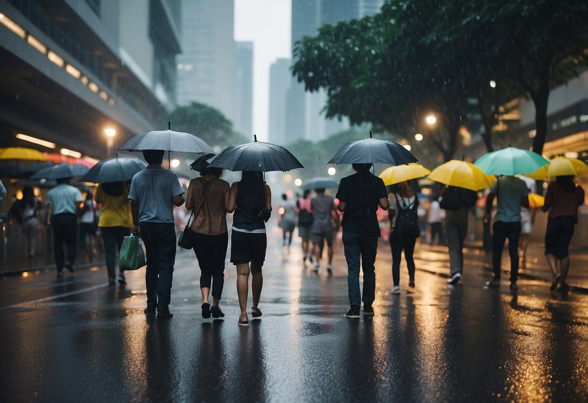 Rain pours down on the bustling streets of Singapore during the rainy season, with people carrying umbrellas and navigating through the wet and slippery sidewalks