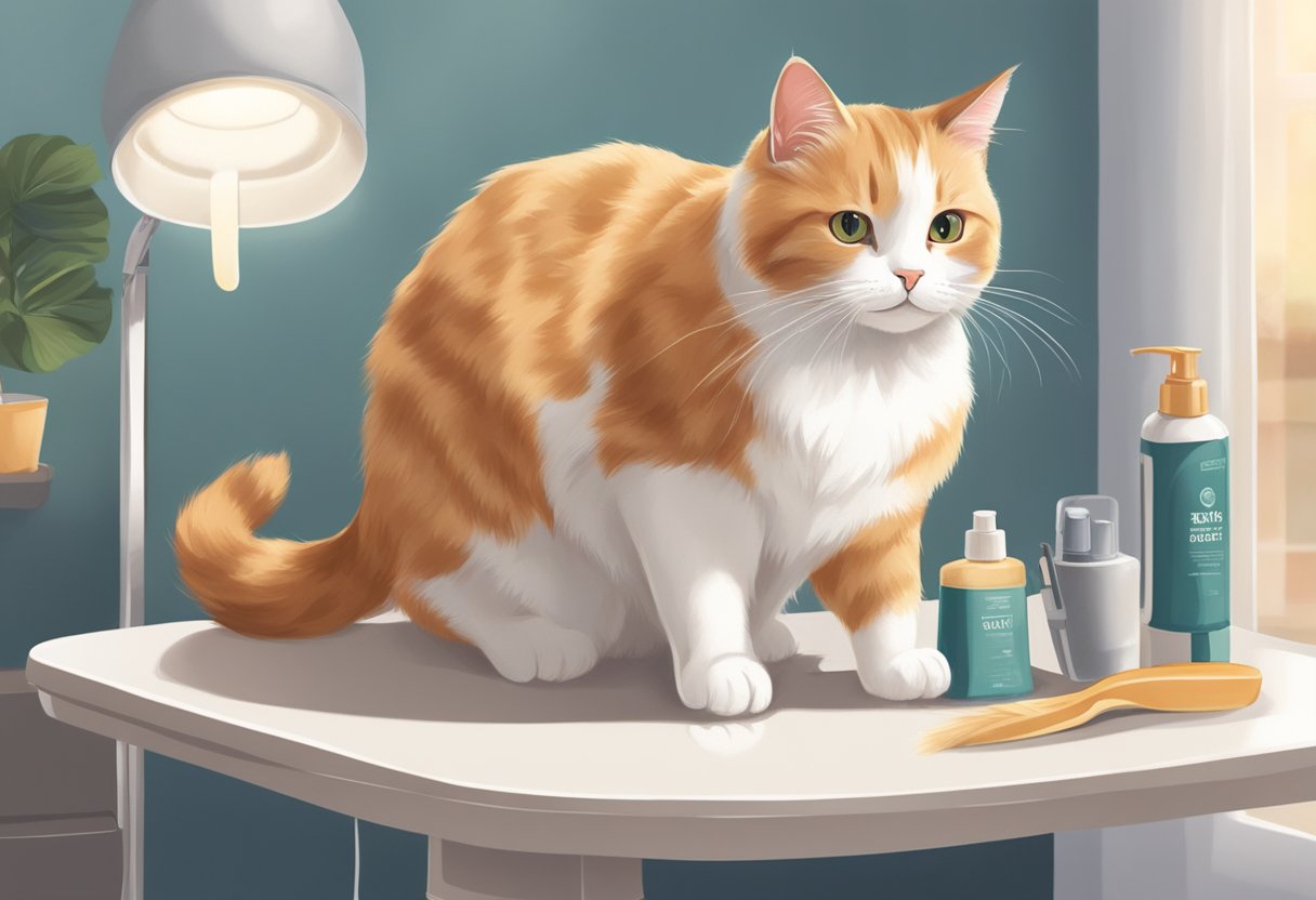 A cat sitting on a grooming table, being brushed by a groomer in a clean and well-lit room in Singapore