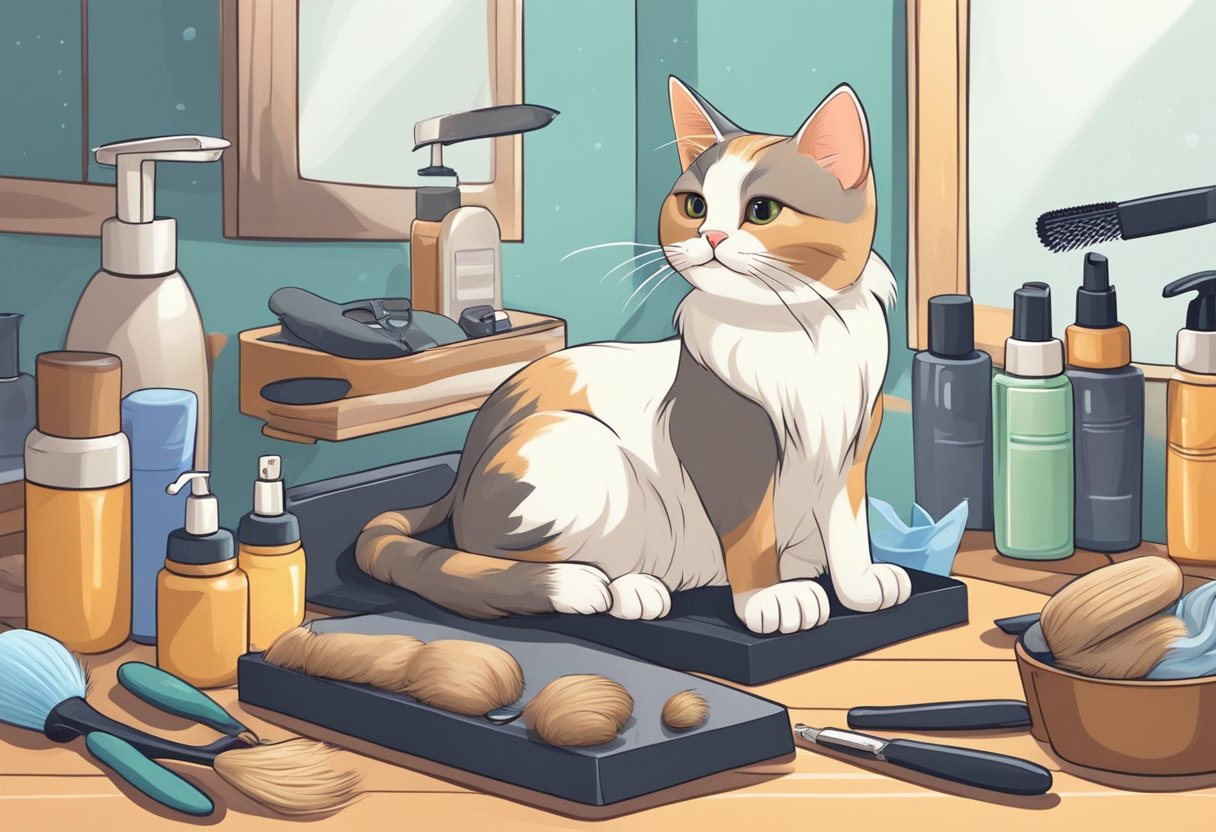 A cat sitting calmly on a grooming table, surrounded by grooming tools and products. A professional groomer gently brushing the cat's fur