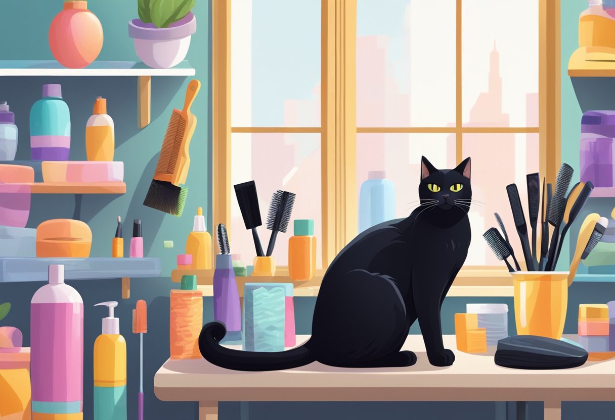 A sleek, black cat sits calmly on a grooming table, surrounded by brushes, combs, and grooming products. The room is bright and inviting, with large windows and colorful posters advertising cat grooming services