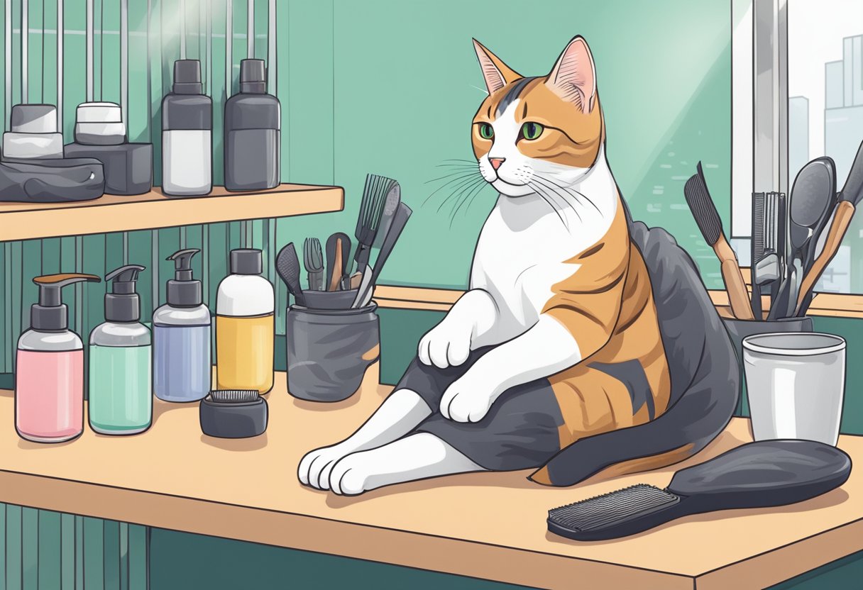 A cat grooming salon in Singapore, with grooming tools neatly organized and a cat peacefully getting groomed on a table