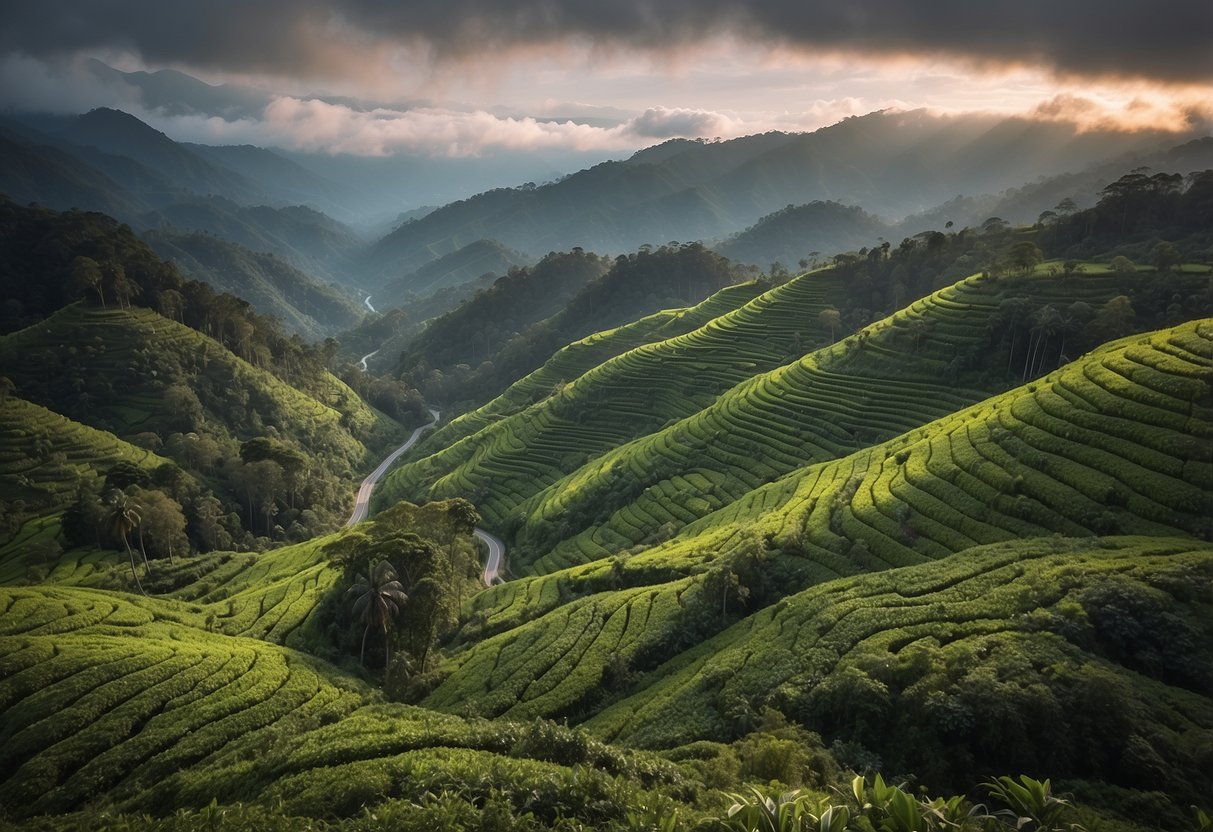 A winding road through lush rainforests leads from Singapore to the misty mountains of Cameron Highlands. The landscape is dotted with tea plantations and colorful flowers