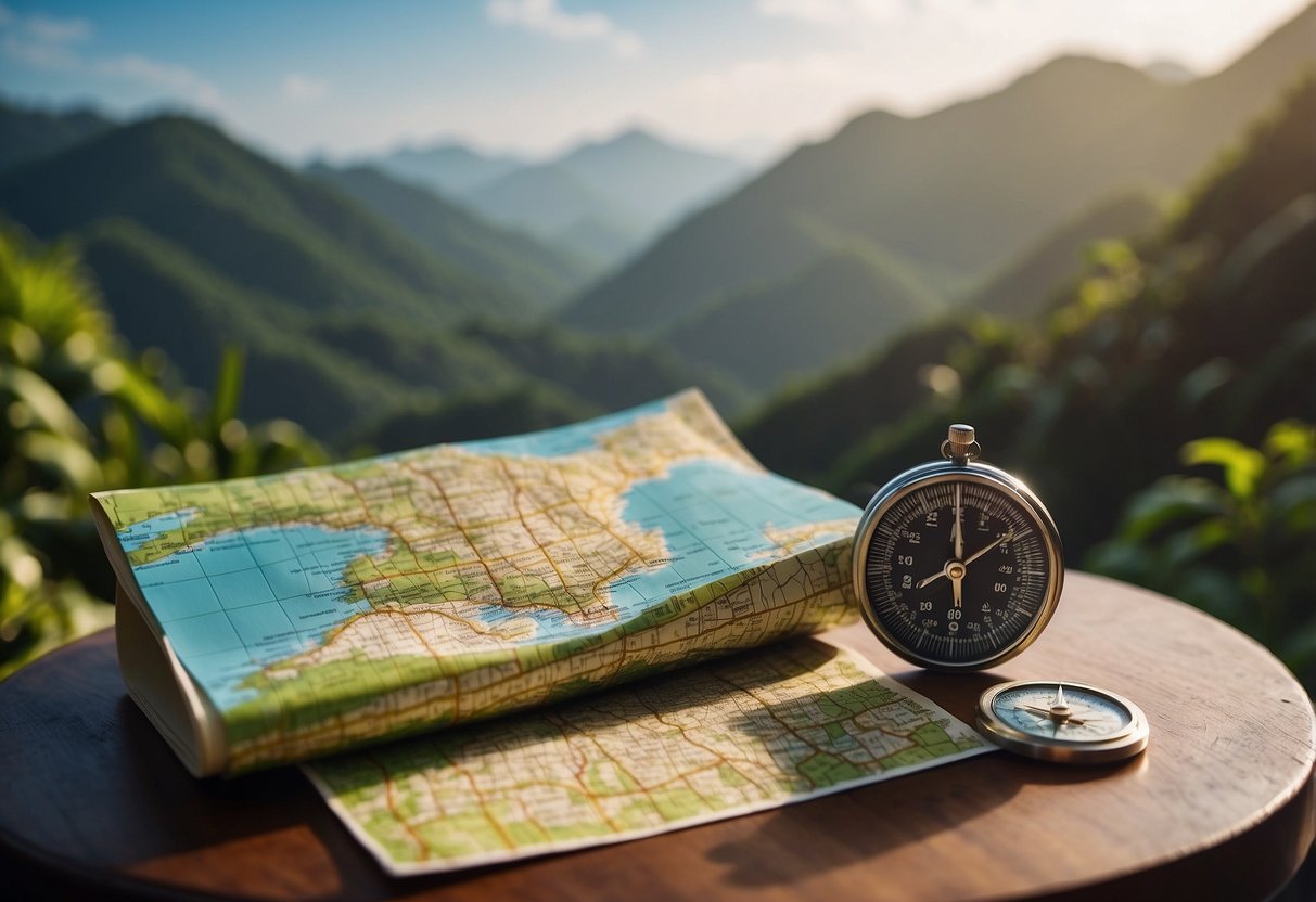 A map of Singapore to Cameron Highlands with a compass, travel guide, and a backpack on a table