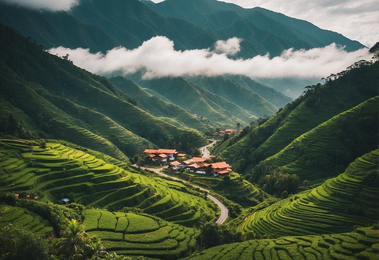 Lush green mountains rise from misty valleys, as a winding road leads to colorful hillside villages in Cameron Highlands, Malaysia