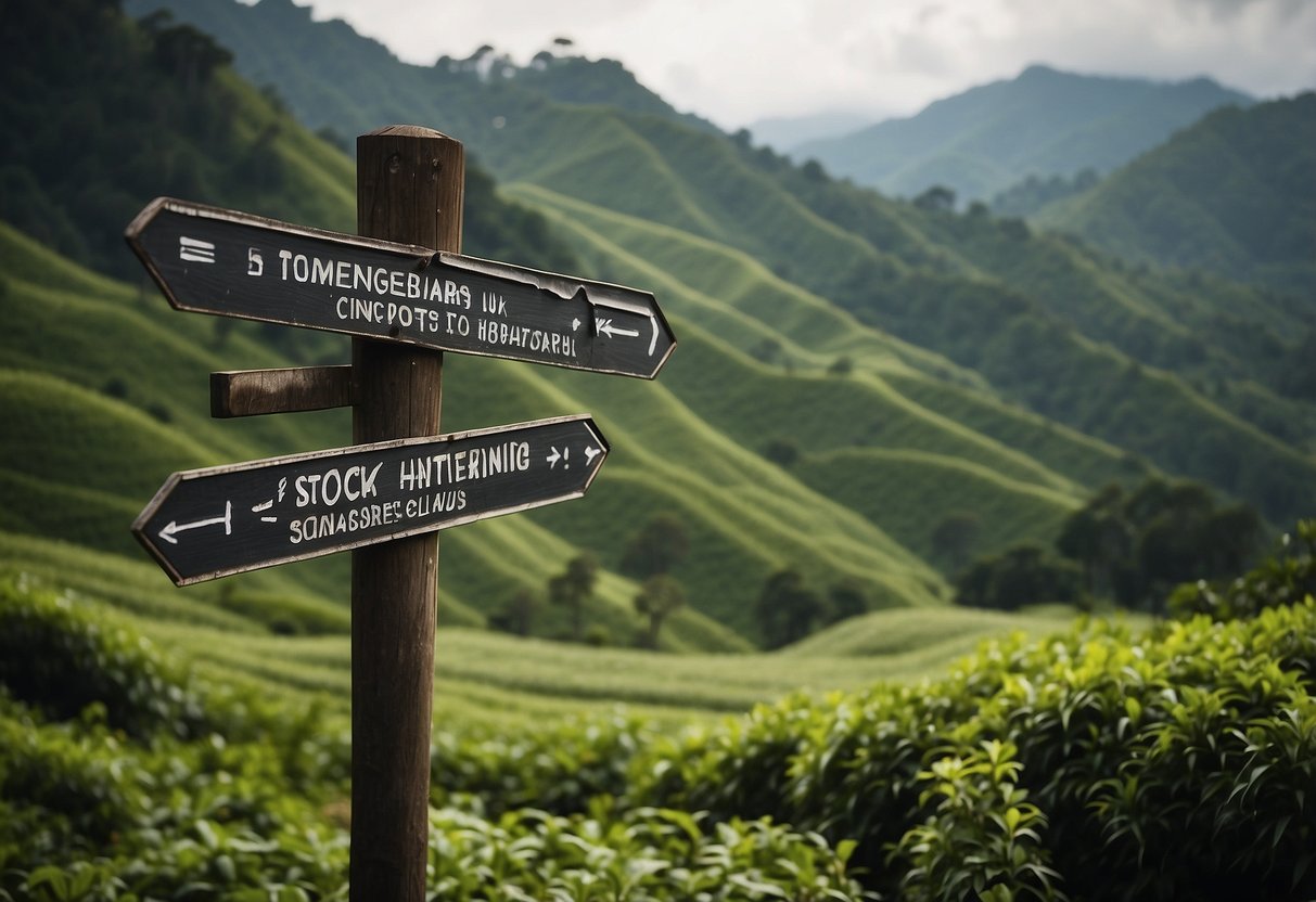 A signpost pointing from Singapore to Cameron Highlands, surrounded by lush greenery and rolling hills