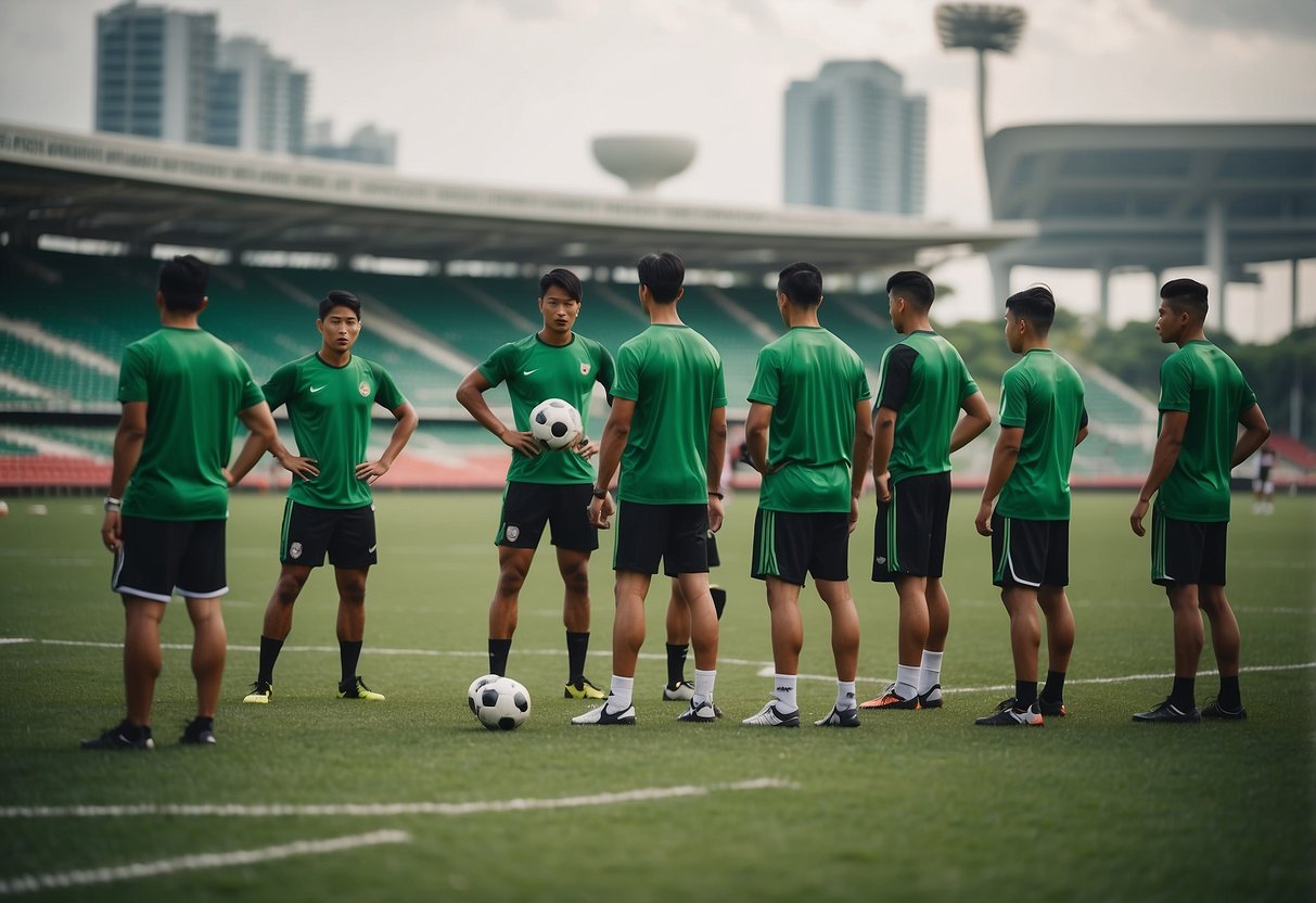 A group of football players training on a green field with a stadium in the background, representing a Singapore football club
