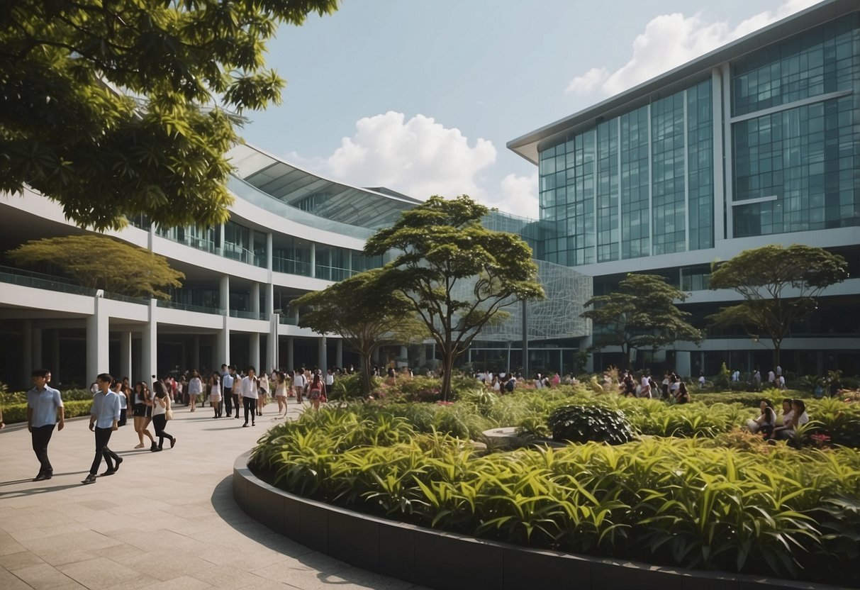 The Singapore International School bustles with students and teachers, surrounded by modern buildings and lush greenery